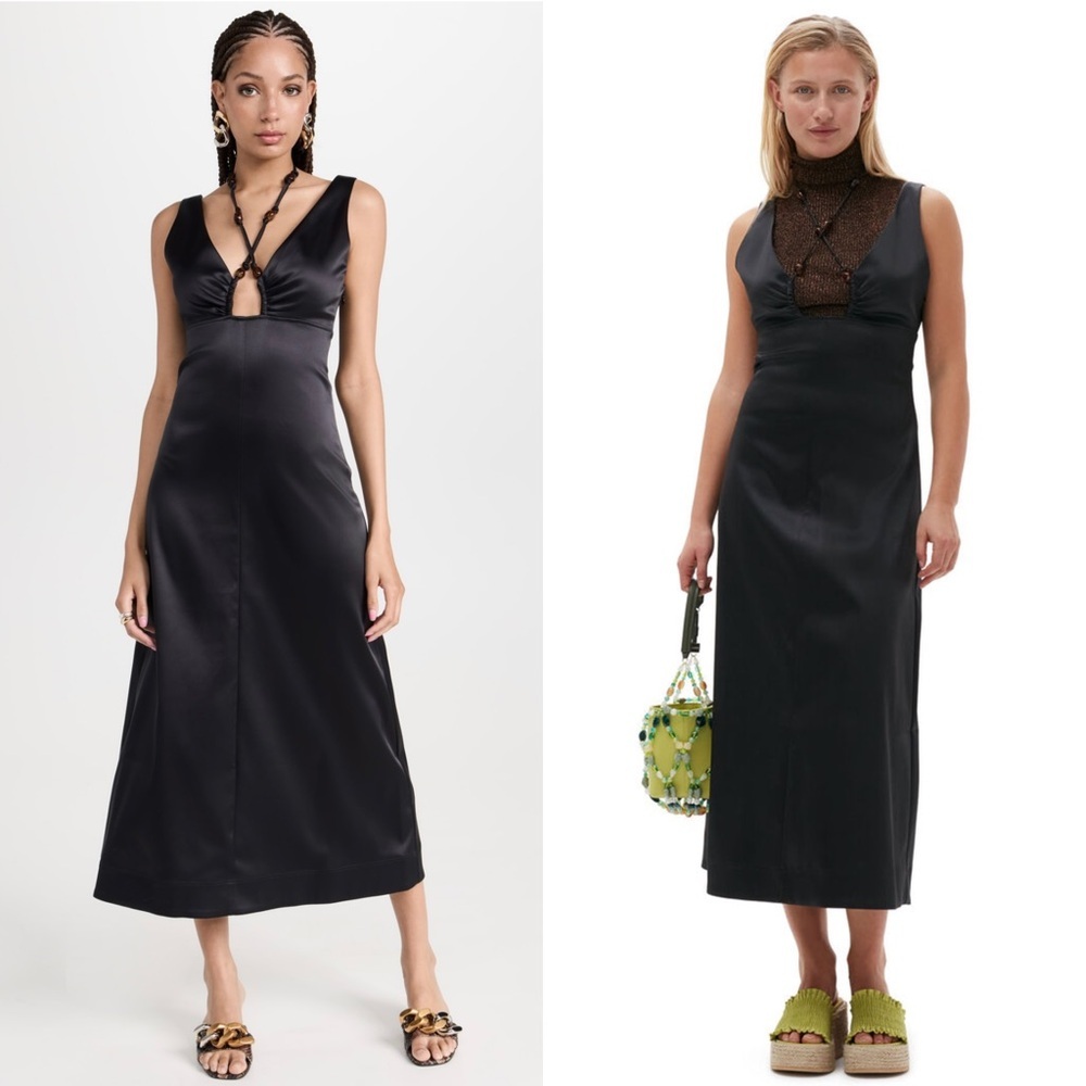 GANNI Satin Beaded Crisscross Halter Tie V-Neck Empire Waist Sleeveless Dress‎ S - Picture 8 of 14